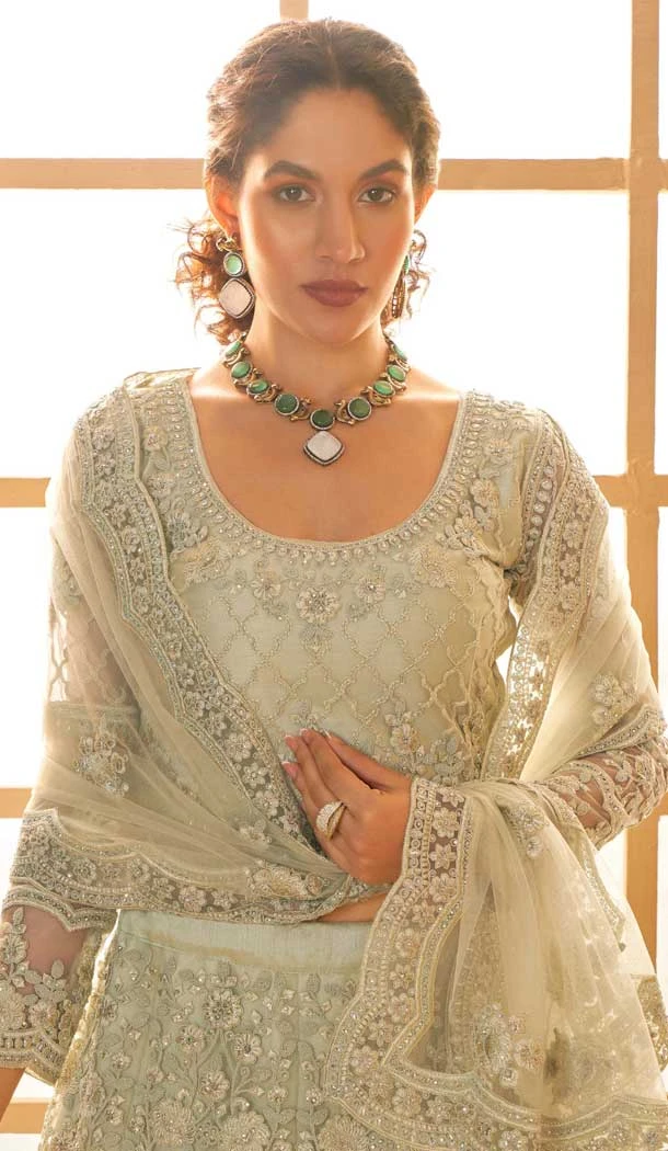 Light Pista Net Thread Work Designer Wear Lehenga Choli - 11107198867