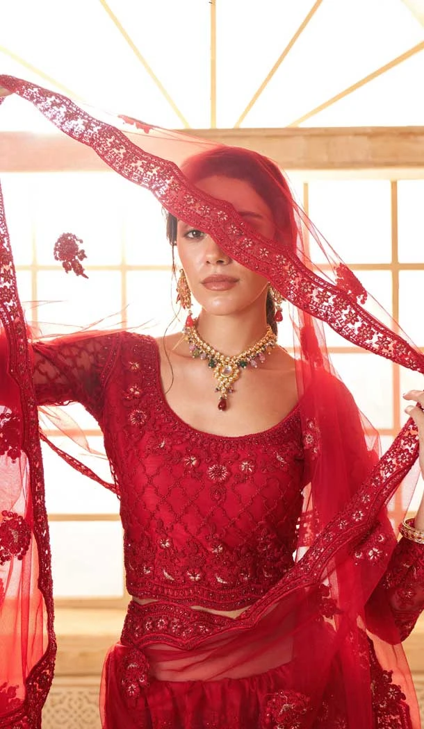 Net Thread Work Designer Wear Lehenga Choli In Red - 11107198868