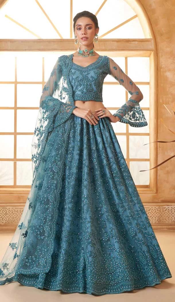 Blue Net Thread Work Designer Wear Lehenga Choli - 11107198870