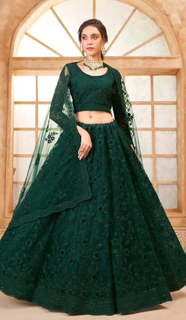 Green Net Thread Work Designer Wear Lehenga Choli - 11107198872