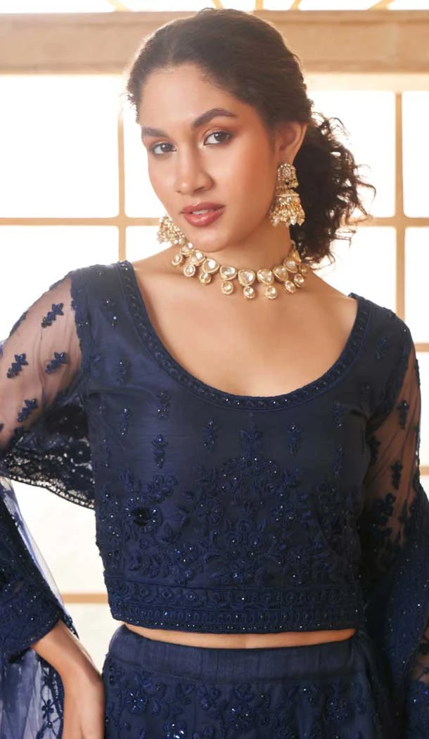 Navy Blue Net Thread Work Designer Wear Lehenga Choli - 11107198873