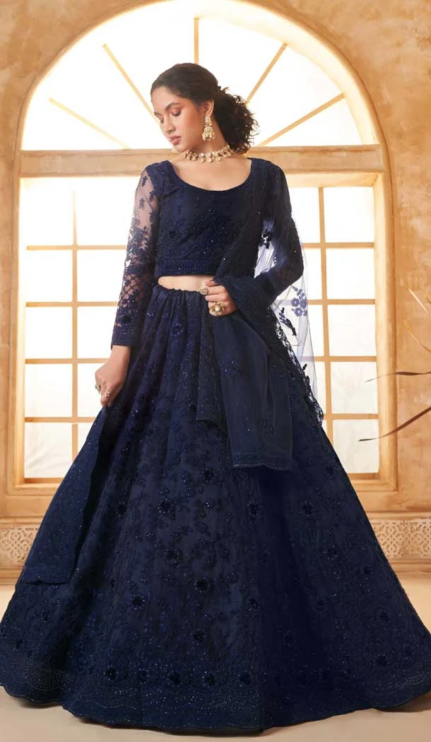 Navy Blue Net Thread Work Designer Wear Lehenga Choli - 11107198873