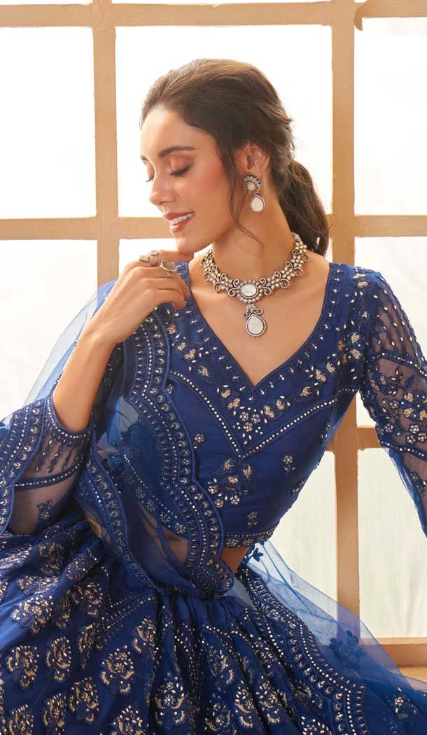 Royal Blue Net Thread Work Designer Wear Lehenga Choli - 11107198875