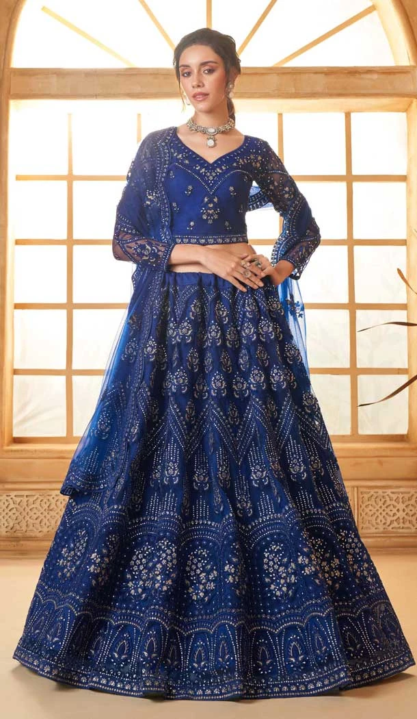 Royal Blue Net Thread Work Designer Wear Lehenga Choli - 11107198875