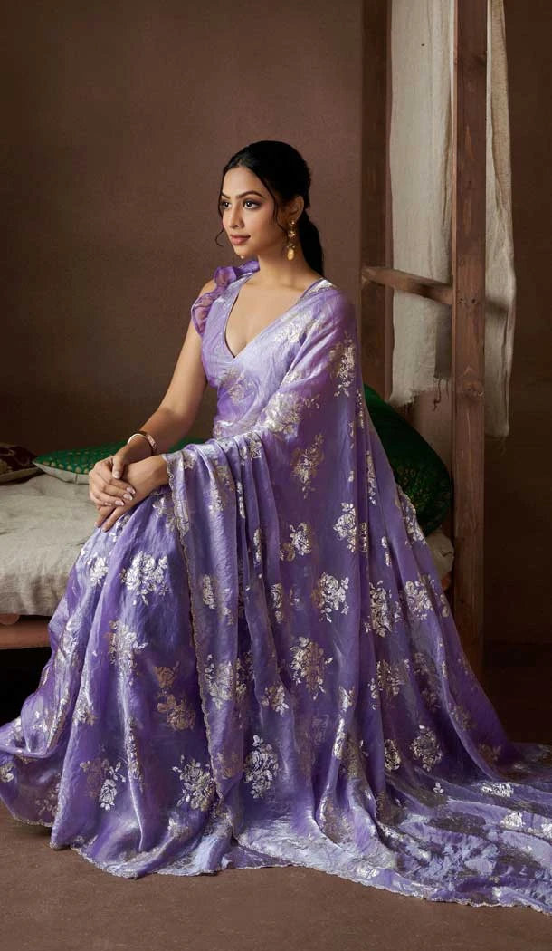 Satin Silk Zari Print Work Party Wear Saree In Lavender - 11114198929