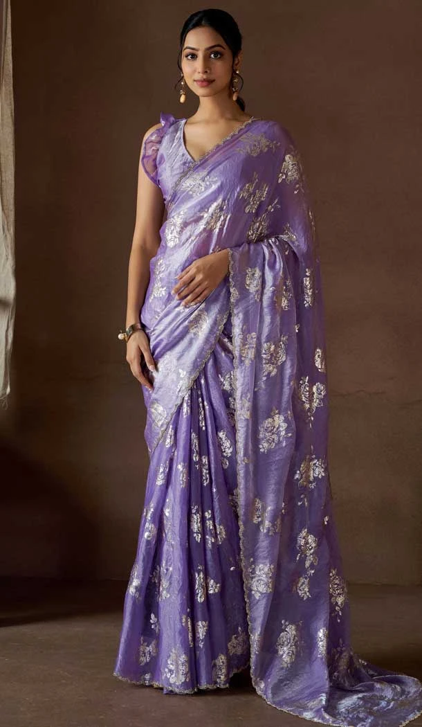 Satin Silk Zari Print Work Party Wear Saree In Lavender - 11114198929