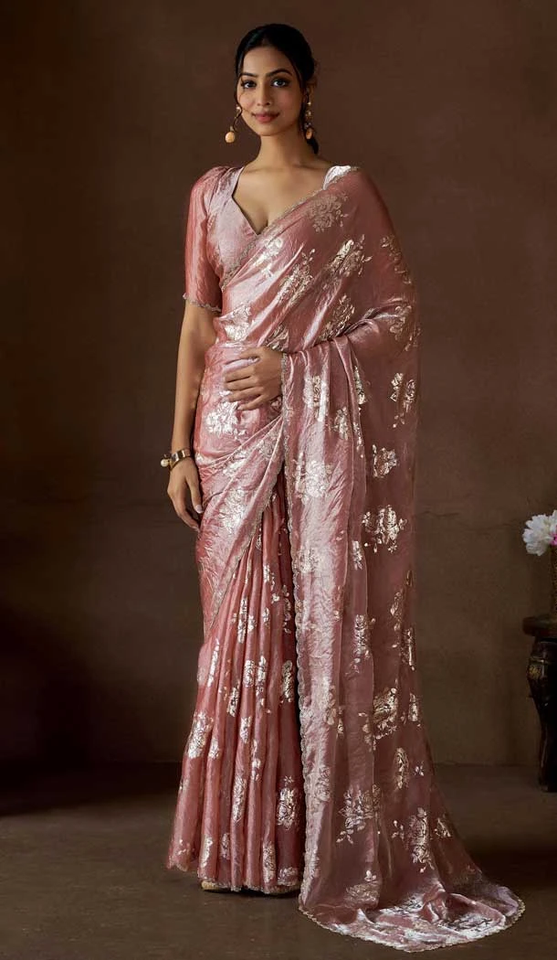 Satin Silk Zari Print Work Party Wear Saree In Peach - 11114198930