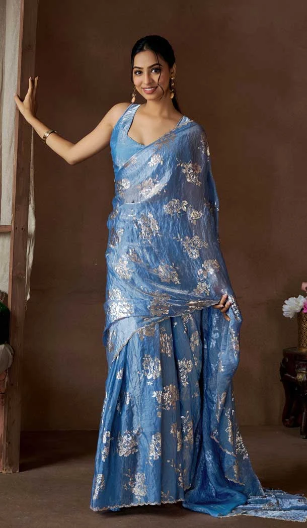 Satin Silk Zari Print Work Party Wear Saree In Blue - 11114198931