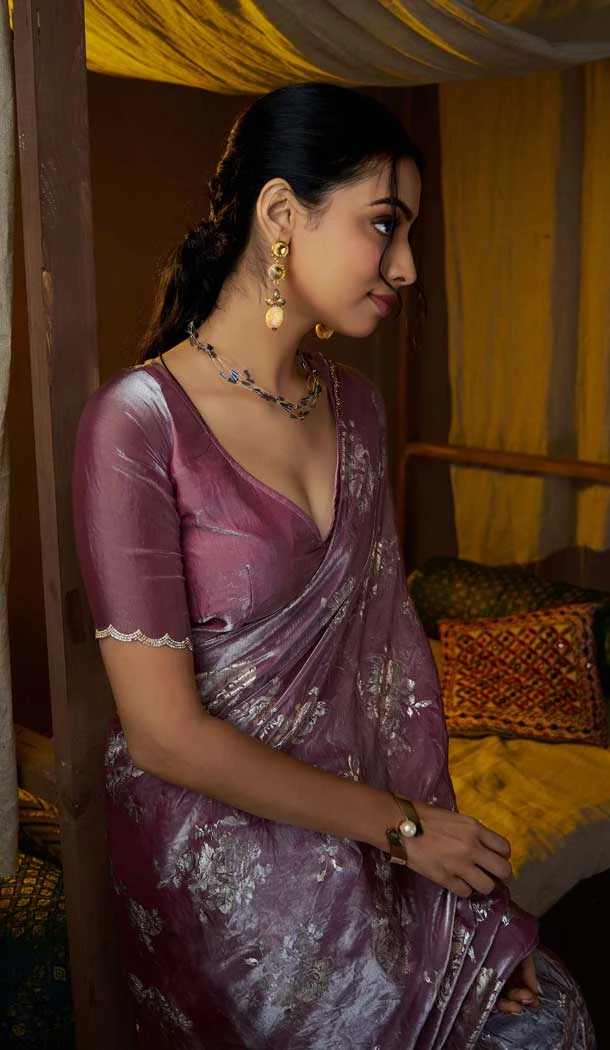 Satin Silk Zari Print Work Party Wear Saree In Mauve - 11114198932