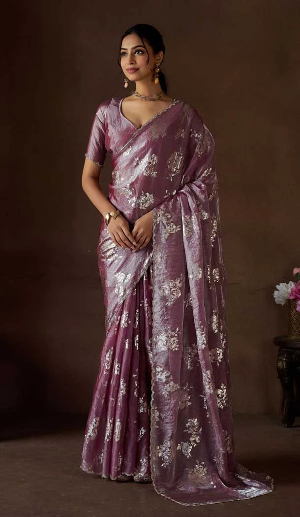 Satin Silk Zari Print Work Party Wear Saree In Mauve - 11114198932