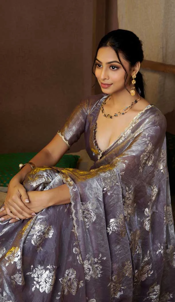 Satin Silk Zari Print Work Party Wear Saree In Steal Purple Grey - 11114198933