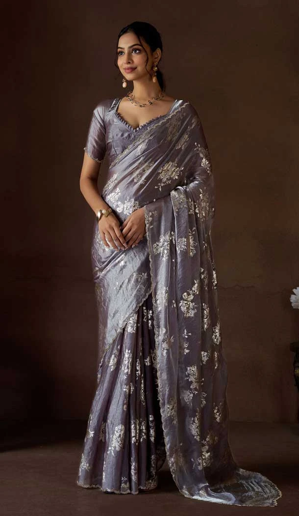 Satin Silk Zari Print Work Party Wear Saree In Steal Purple Grey - 11114198933