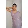 Lavender Satin Silk Foil Print Work Party Wear Plus Size Saree - 11115198934