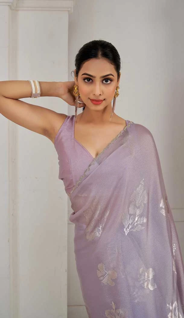 Lavender Satin Silk Foil Print Work Party Wear Saree - 11115198934