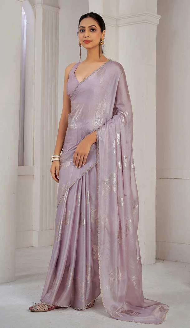 Lavender Satin Silk Foil Print Work Party Wear Saree - 11115198934
