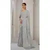 Grey Satin Silk Foil Print Work Party Wear Plus Size Saree - 11115198935