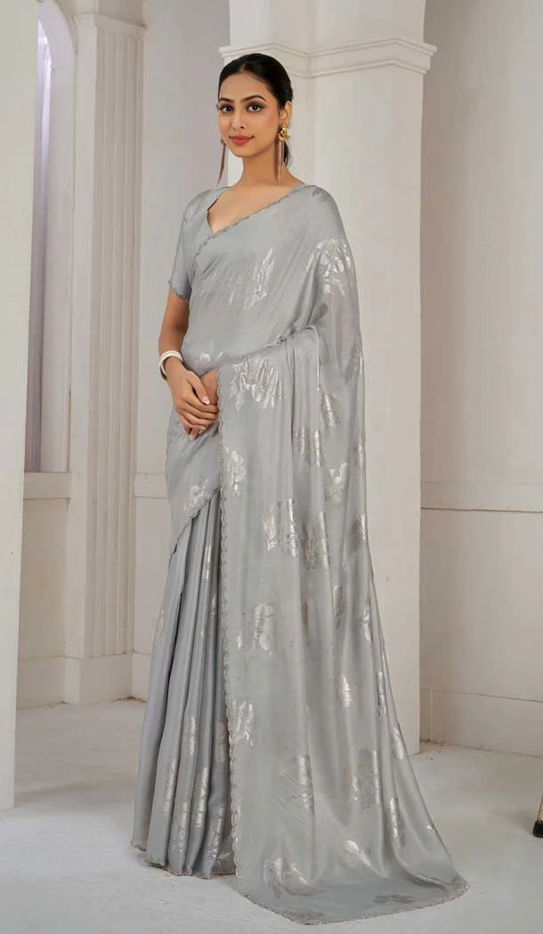 Grey Satin Silk Foil Print Work Party Wear Saree - 11115198935