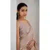 Peach Satin Silk Foil Print Work Party Wear Plus Size Saree - 11115198936