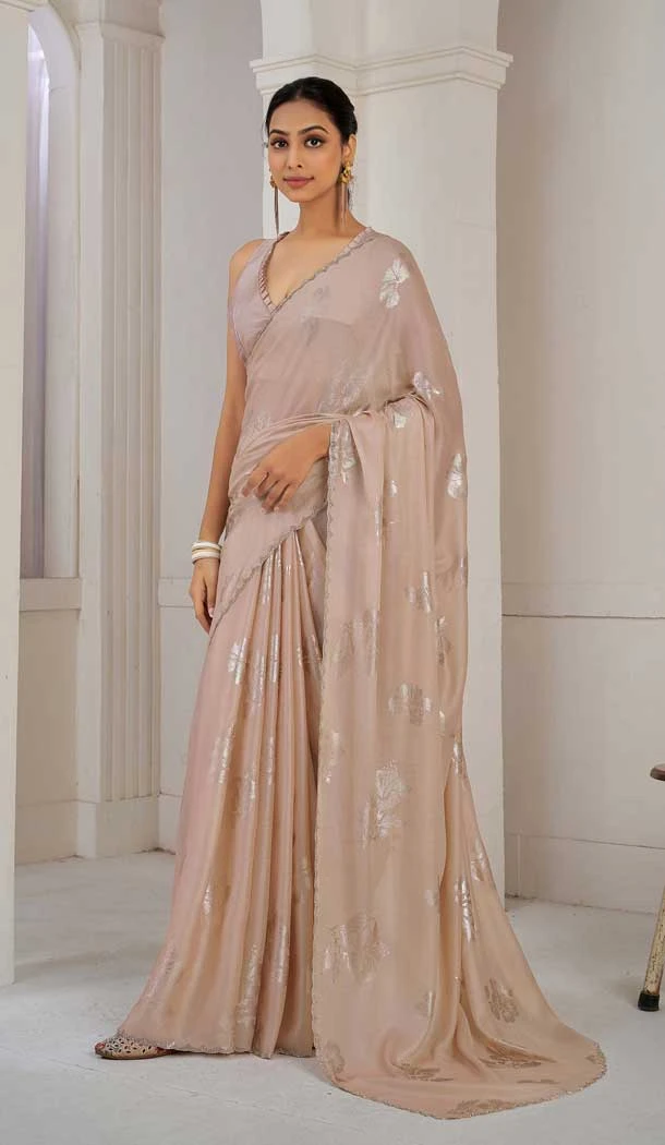 Peach Satin Silk Foil Print Work Party Wear Saree - 11115198936