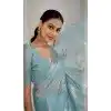 Sky Blue Satin Silk Foil Print Work Party Wear Plus Size Saree - 11115198937