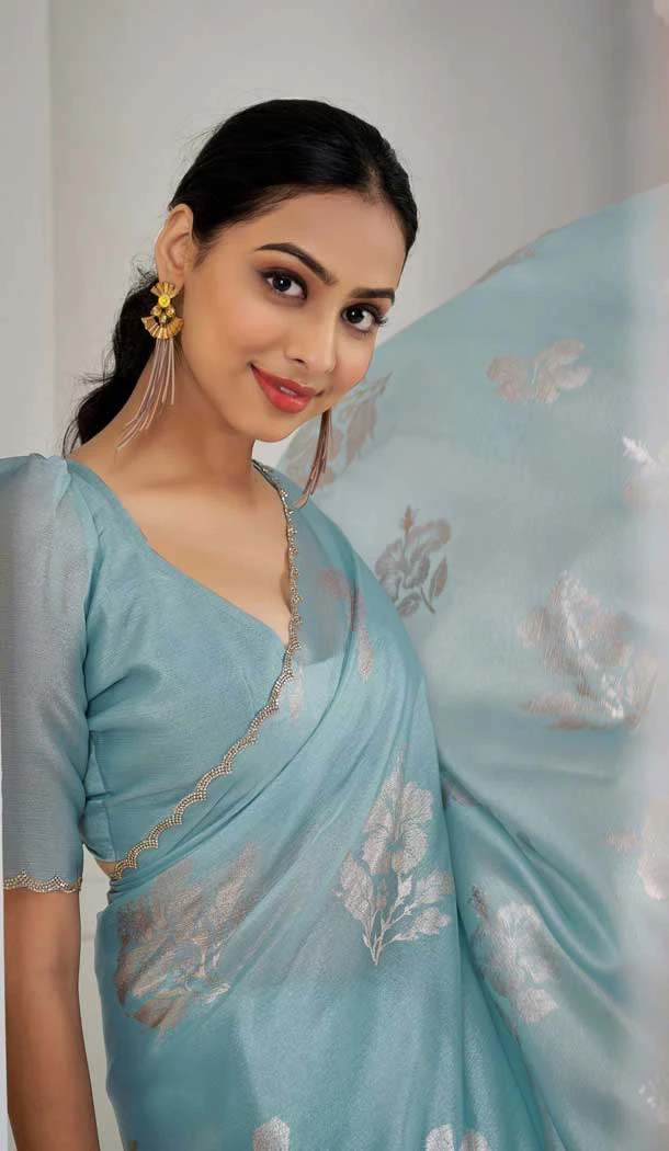 Sky Blue Satin Silk Foil Print Work Party Wear Saree - 11115198937