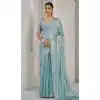 Sky Blue Satin Silk Foil Print Work Party Wear Plus Size Saree - 11115198937