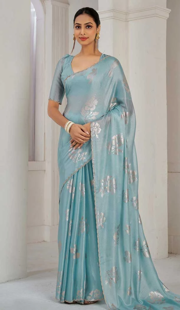 Sky Blue Satin Silk Foil Print Work Party Wear Saree - 11115198937