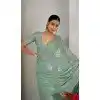 Mint Green Satin Silk Foil Print Work Party Wear Plus Size Saree - 11115198938