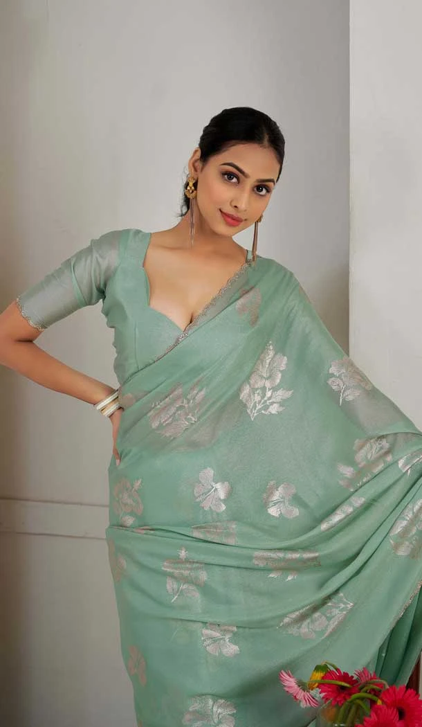 Mint Green Satin Silk Foil Print Work Party Wear Saree - 11115198938