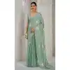 Mint Green Satin Silk Foil Print Work Party Wear Plus Size Saree - 11115198938