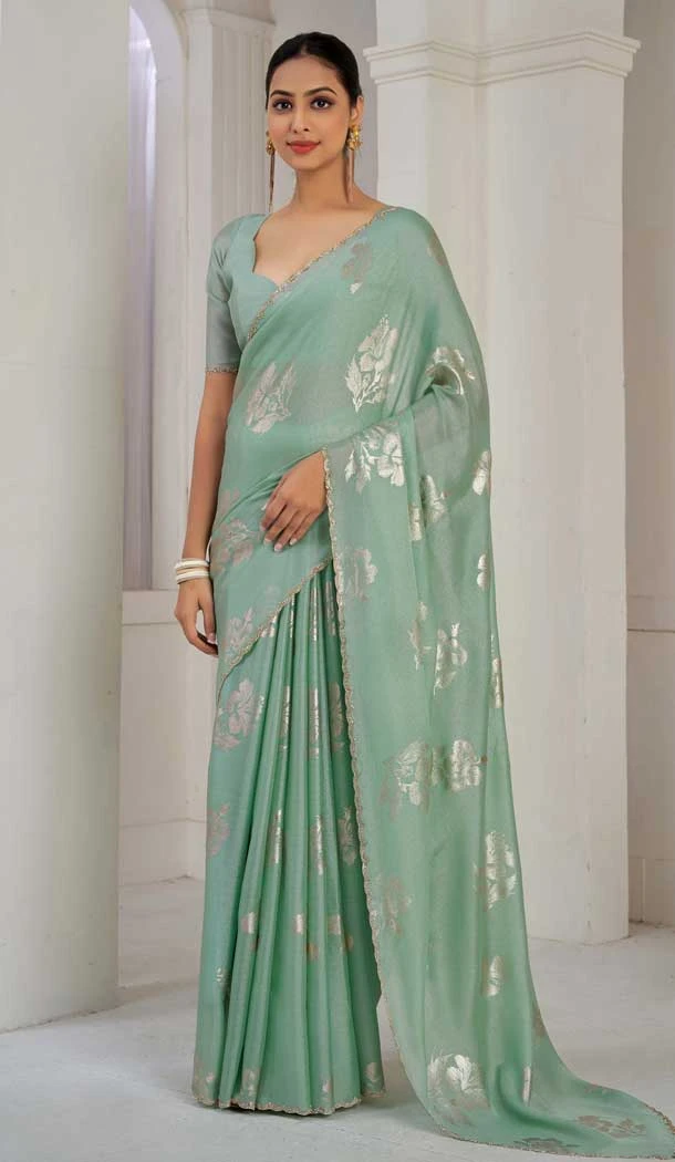 Mint Green Satin Silk Foil Print Work Party Wear Saree - 11115198938