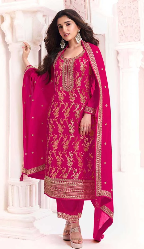 Silk Jacquard Embroidered Party Wear Palazzo Salwar Suit In Dark Pink - 11149199221