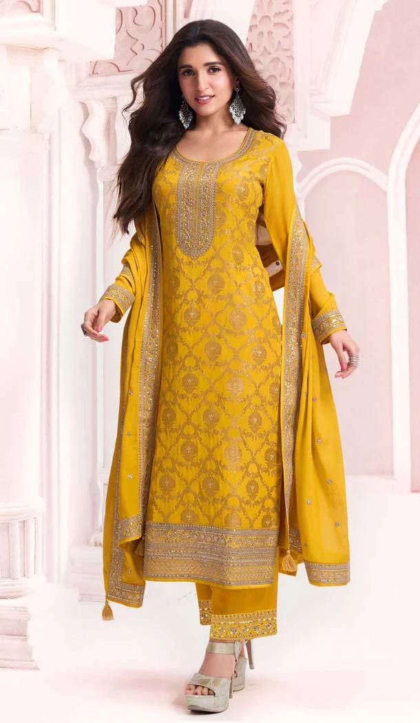 Silk Jacquard Embroidered Party Wear Palazzo Salwar Suit In Yellow - 11149199223