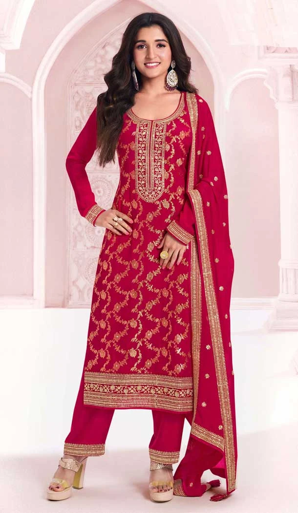 Silk Jacquard Embroidered Party Wear Palazzo Salwar Suit In Rani Pink - 11149199224