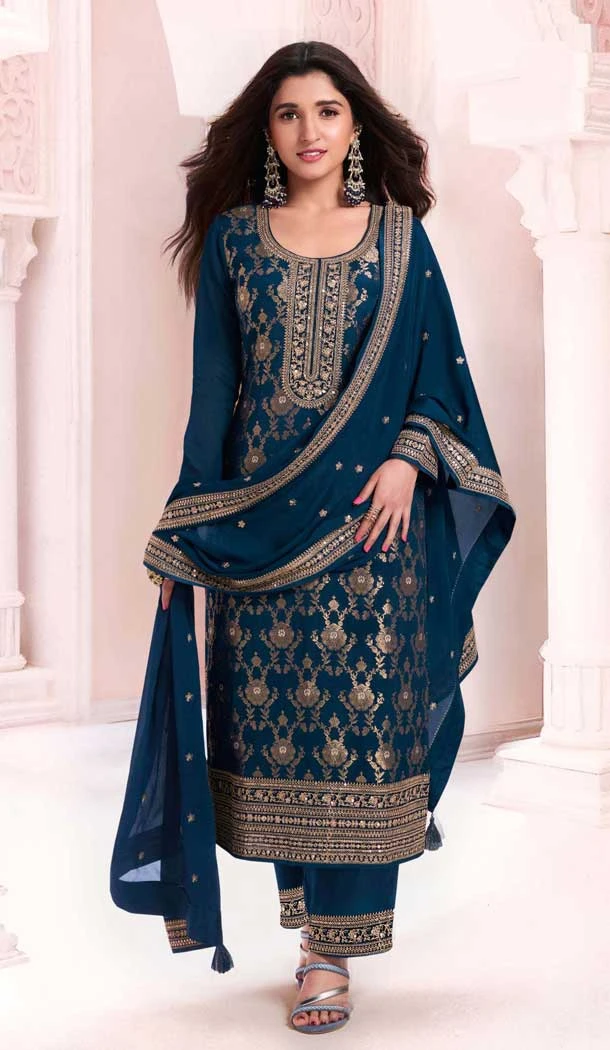 Silk Jacquard Embroidered Party Wear Palazzo Salwar Suit In Teal Blue - 11149199225 Silk Jacquard Embroidered Party Wear Palazzo Salwar Suit In Teal Blue - 11149199225