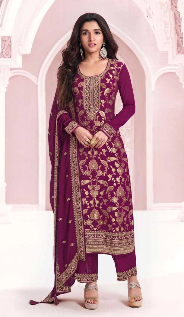 Silk Jacquard Embroidered Party Wear Palazzo Salwar Suit In Wine - 11149199226