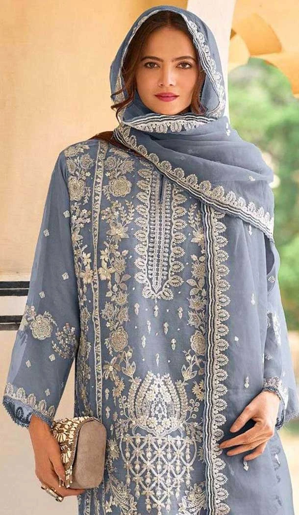 Organza Embroidered Pakistani Style Salwar Suit In Grey - 11189199529
