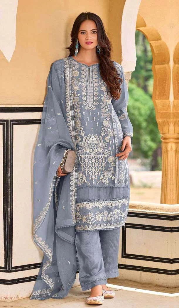 Organza Embroidered Pakistani Style Salwar Suit In Grey - 11189199529