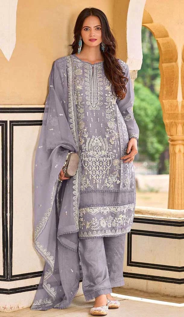 Organza Embroidered Pakistani Style Salwar Suit In Lavender - 11189199530