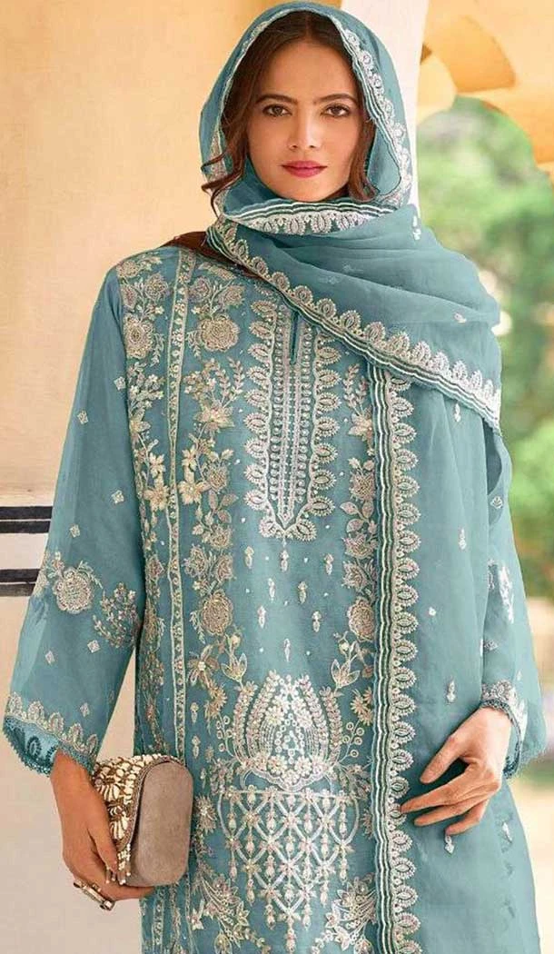 Organza Embroidered Pakistani Style Salwar Suit In Sky Blue - 11189199532