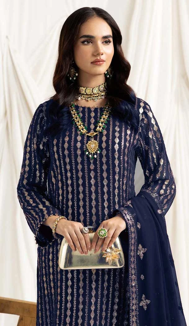 Navy Blue Georgette Embroidered Pakistani Style Salwar Suit - 11190199534