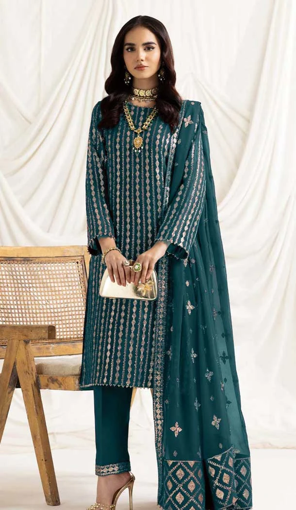 Teal Blue Georgette Embroidered Pakistani Style Salwar Suit - 11190199536