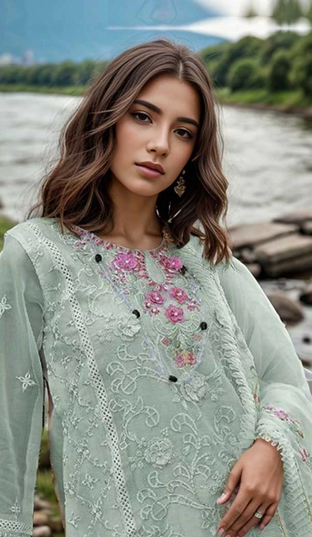 Light Mint Green Organza Embroidered Evening Wear Salwar Kameez - 11191199538