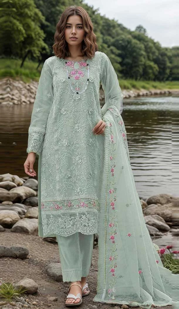 Light Mint Green Organza Embroidered Evening Wear Salwar Kameez - 11191199538