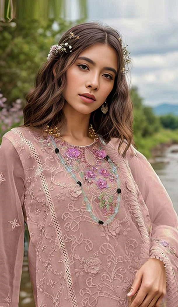 Peach Organza Embroidered Evening Wear Salwar Kameez - 11191199539