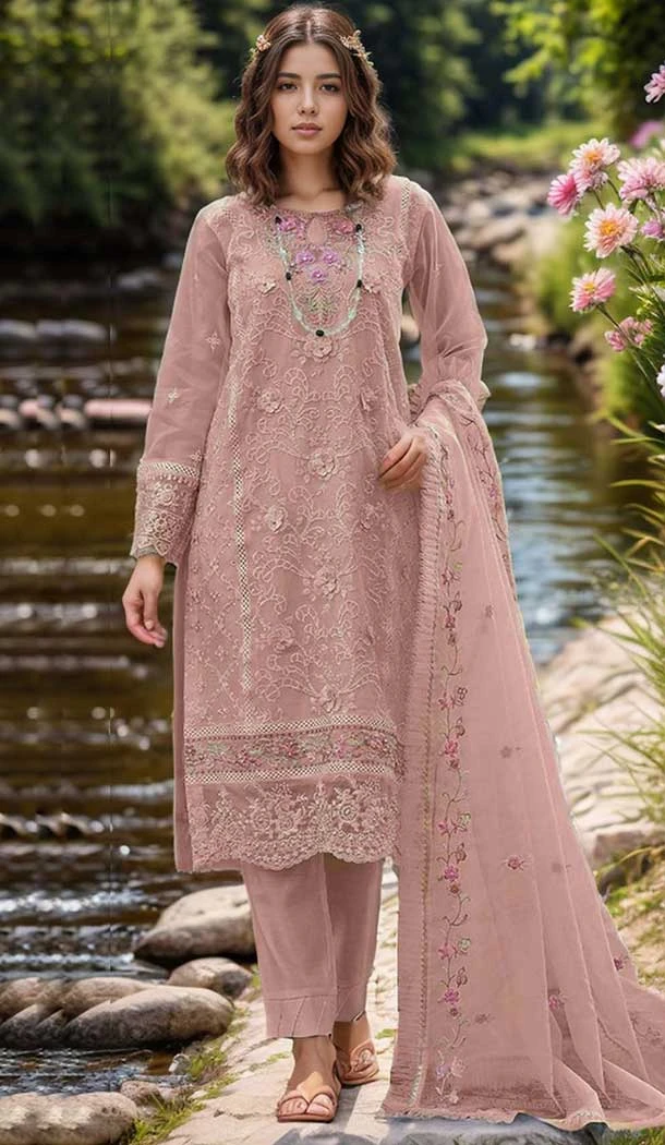 Peach Organza Embroidered Evening Wear Salwar Kameez - 11191199539