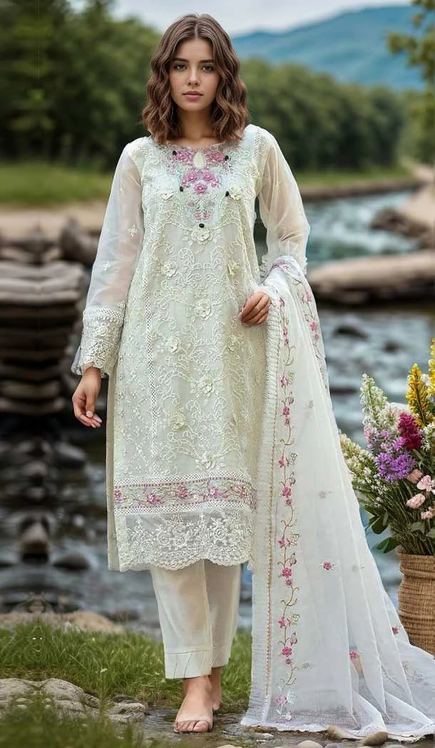 White Organza Embroidered Evening Wear Salwar Kameez - 11191199540