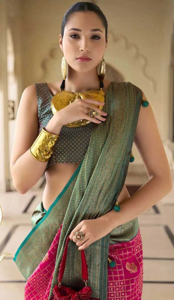Rani Pink Silk Kanjivaram Weaving Work Traditional Wear Saree - 11176199445