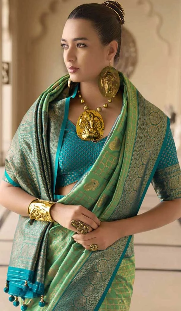 Silk Kanjivaram Weaving Work Traditional Wear Saree Green - 11176199446