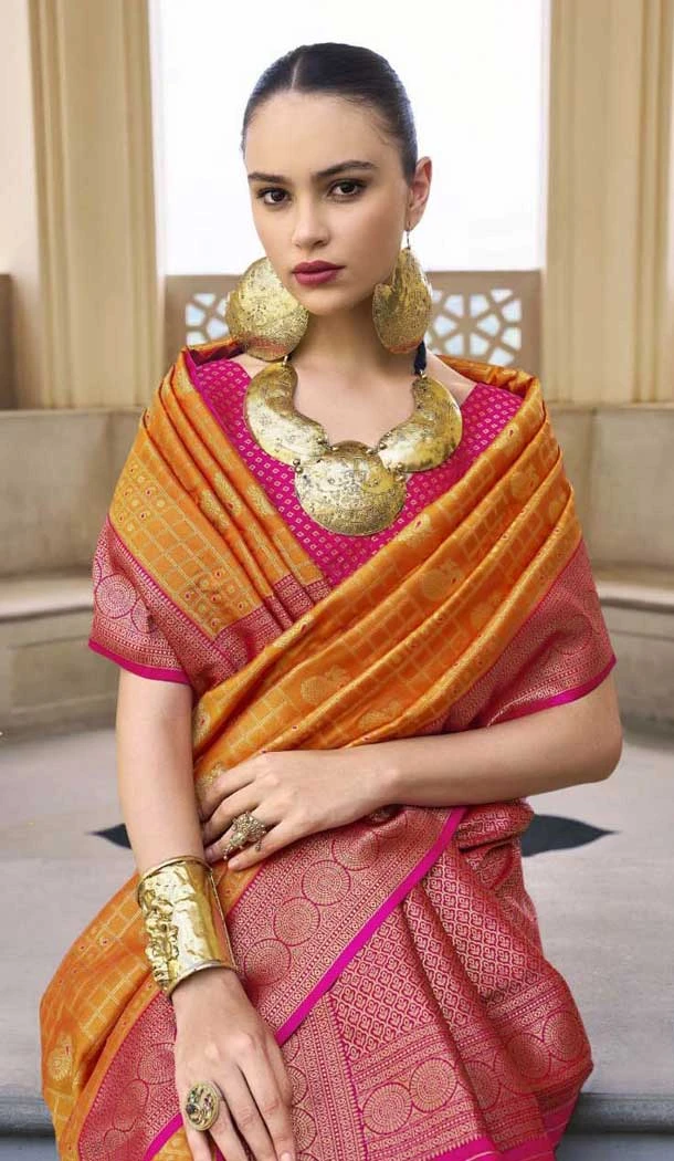 Mustard Silk Kanjivaram Weaving Work Traditional Wear Saree - 11176199447